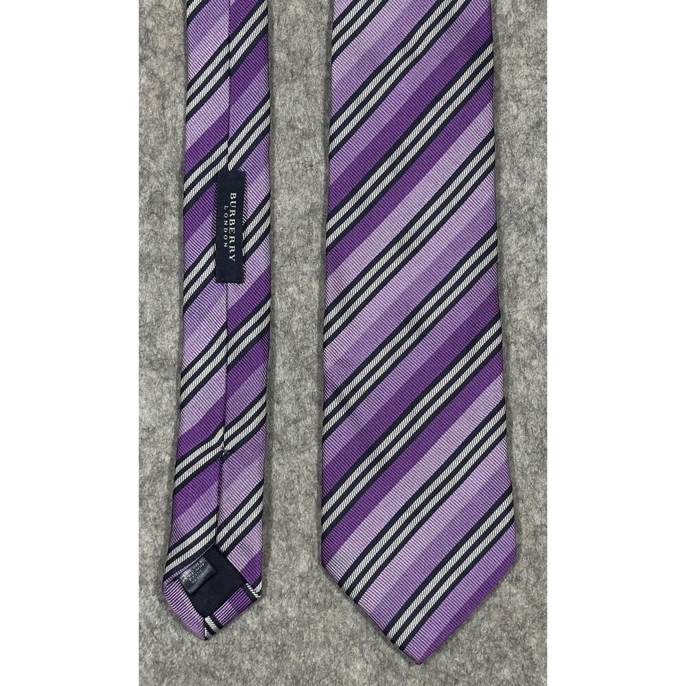 Burberry London Striped Tie Purple White Silk Made in England Classic Preppy